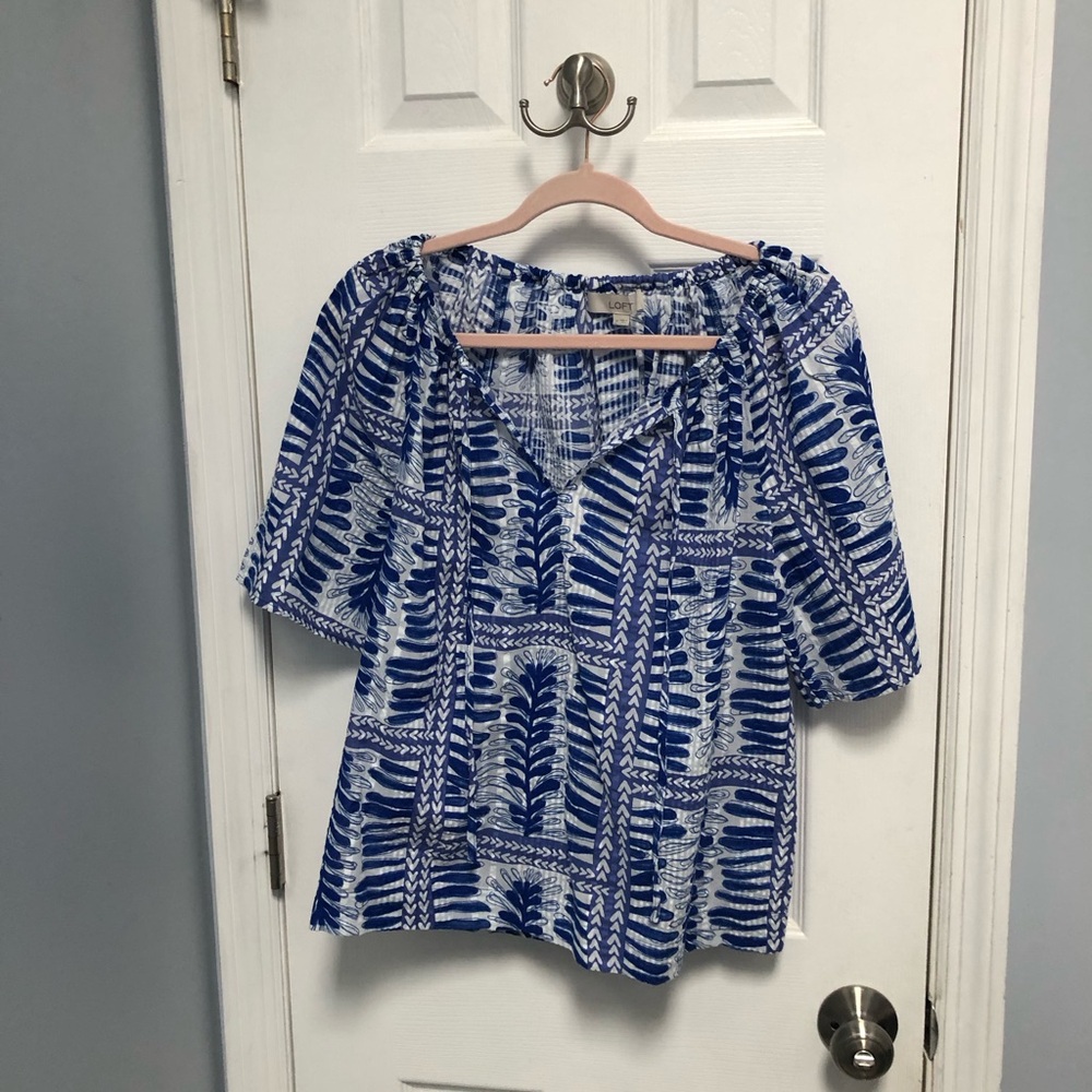 Loft Floral Boho Peasant Wide Sleeve Blouse Blue White Womens Medium 100% Cotton